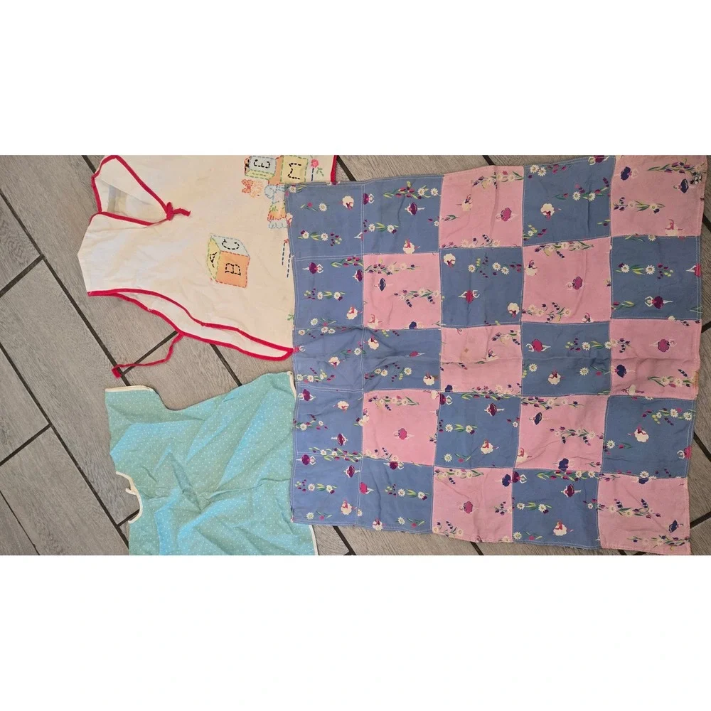 Vintage Handmade Baby Bundle Alphabet Bib Polka Dot Smock Reversible Blanket